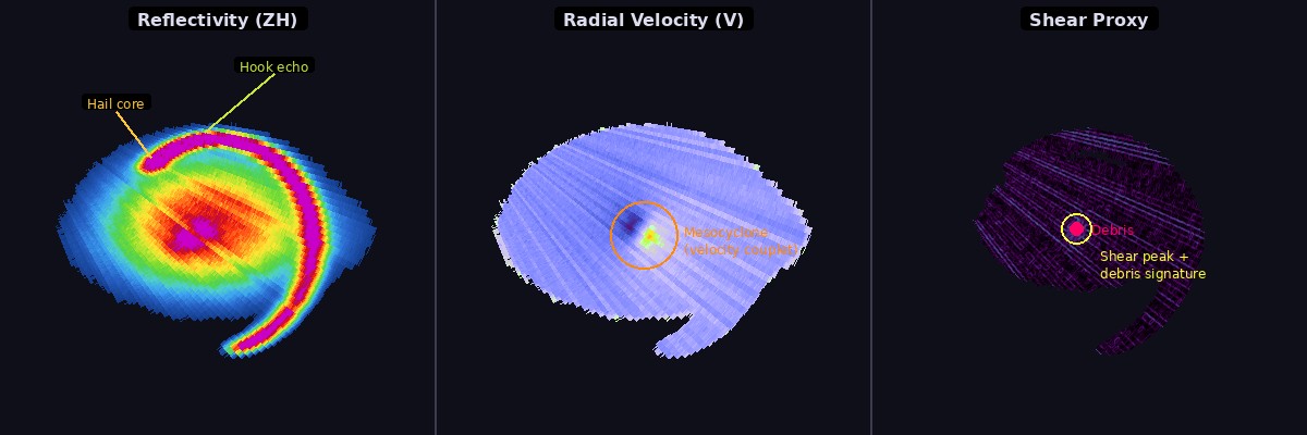 Synthetic supercell: reflectivity, velocity, and shear